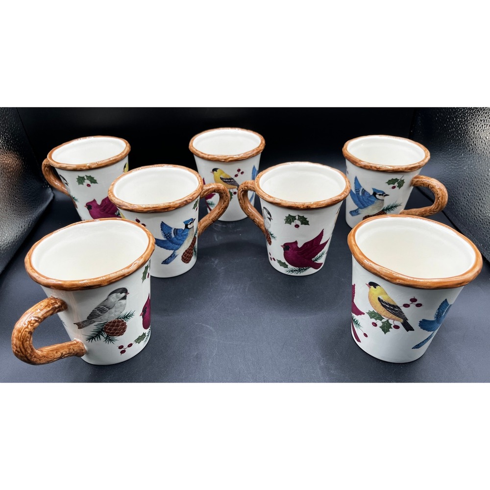 Sonoma Knollwood Bird Mugs Set of 7 Cardinal Blue Jay Goldfinch Ceramic 12oz